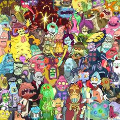 a large group of cartoon characters all grouped together