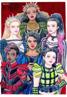 an illustration of several women with different hair colors and makeup looks like they are from the 80s's