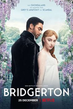 the poster for bridgerton starring actors from left to right, in front of trees with purple flowers