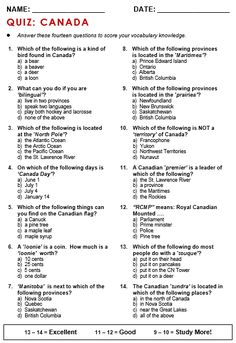 a question sheet with the words quiz canada in red and black on it's side