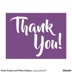 a purple and white thank card with the words, thank you in cursive writing