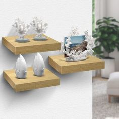 three wooden shelves with decorative items on them