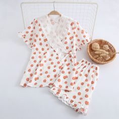 Lounging Outfit, Short Sleeve Kimono, Casual Kimono, Pajama Suit, Body Condition, Pajamas Comfy, White And Orange, Family Pajamas, Double Gauze