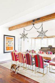 a dog is standing in front of a dining room table