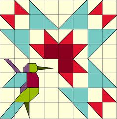 a colorful bird sitting on top of a patchwork quilting pattern in red, blue and green