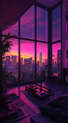 a living room filled with furniture and large windows overlooking the city at sunset or dawn