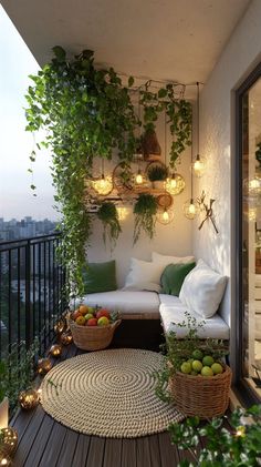 the balcony is decorated with hanging plants and wicker baskets filled with fruit, greenery and lights