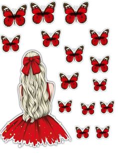 a girl with long white hair and red dress surrounded by butterfly stickers on a white background