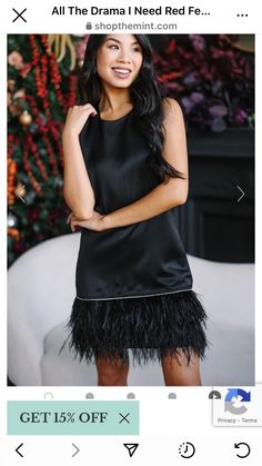 Cozy Christmas Outfits, Cozy Christmas Outfit, Black Feather Dress, Dress With Feathers, Christmas Outfit Ideas, Ostrich Feather Trim, Christmas Outfits Women, Fancy Wedding, Christmas Party Outfits