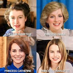 four women with different facial expressions on their faces and the words princess charlotte, queen elizabeth, princess charlotte