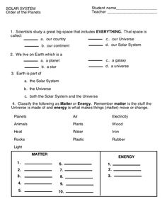 the solar system worksheet is shown in this image, it shows an energy diagram