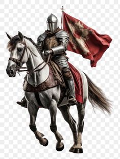 a knight riding on the back of a white horse with a flag in his hand