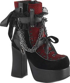 Buy Women's Demonia Charade 110 Platform Ankle Boot at Walmart.com Red Velvet Boots, Kitty Cheshire, Goth Shoes, Gothic Boots, Velvet Ankle Boots, Gothic Shoes, Dr Shoes, Funky Shoes, Velvet Boots