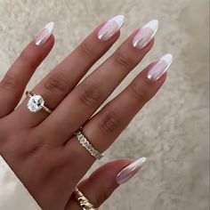 French Tip Press on Nails Almond Medium Fake Nails Chrome False Nails Press ons with Designs Glossy Makijaż Smokey Eye, Pearl Nails, Minimalist Nails, Classy Nails, Chic Nails, Nail Manicure, Wedding Nails, Almond Nails, Trendy Nails