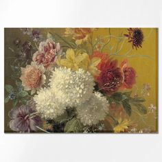 a painting of flowers in a vase on a yellow background with white and red colors