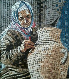 a mosaic image of a woman holding a vase and wearing a headscarf on her head