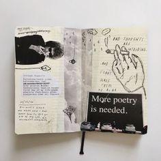 an open notebook with writing and pictures on the pages that say more poetry is needed