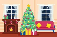 a living room with a christmas tree and presents in front of the fire place illustration