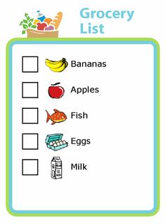 a grocery list with bananas apples fish eggs milk