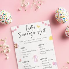 an easter scavenger hunt is shown on a pink background