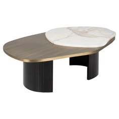 an oval table with marble top and black legs