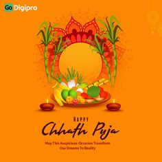 happy chhatri puja on diwali with colorful decorations and fruits in the background