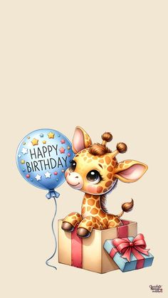 a baby giraffe sitting on top of a box with a balloon