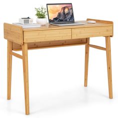 a laptop computer sitting on top of a wooden desk next to a potted plant