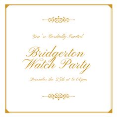 a white and gold wedding watch party card