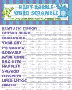 the baby rabble word scramble game is shown in purple and blue stripes with monsters on it