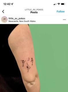 a woman with a small tattoo on her arm that says little lav pokes posts