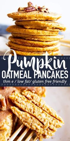 pumpkin oatmeal pancakes stacked on top of each other with text overlay