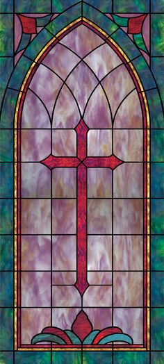 a stained glass window with a cross on it's front and side panels in different colors