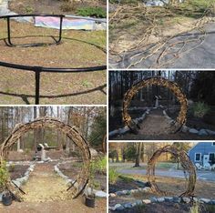 four different pictures of various types of garden decorations in the process of being made out of branches