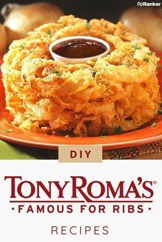 the cover of tony roma's famous fried food recipe is shown on an orange plate