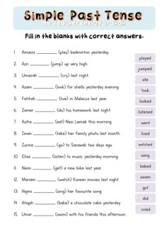 the simple past tense worksheet is shown in this printable activity for kids