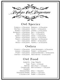 the menu for an owl themed event is shown in black and white, with ornate calligraphy