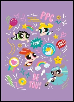 the powerpuff girls poster is shown on a purple background with various cartoon characters