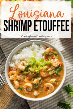 a bowl filled with shrimp and rice on top of a wooden table next to a fork