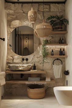 a bathroom with stone walls and shelving above the sink is shown in this image