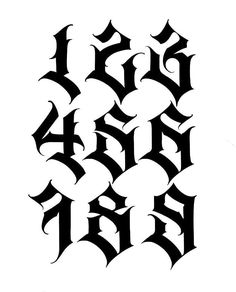 an old english style tattoo design with the letters and numbers in black ink on white paper