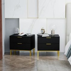 two nightstands side by side in a bedroom with white walls and wood flooring