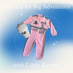 a baby's pink racing suit and hat with the words gear up for big adventures