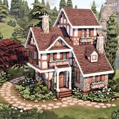 Cottagecore House Exterior Mansion, Cute Sims House Ideas, Sims Craftsman House, Sims 4 House Design Ideas, Sims 4 Building Inspiration, Bloxburg Flower House, Cottage Core Sims House, Cottagecore House Sims, Sims 4 Build Plans