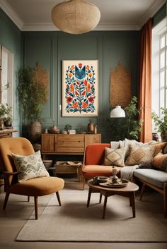 a living room filled with lots of furniture and plants on top of windowsills