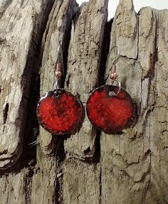 Red Round Jewelry With Black Enamel, Red Hand Painted Earrings For Gift, Red Enamel Round Earrings, Red Round Enamel Earrings, Handmade Red Enamel Jewelry, Handmade Red Copper Jewelry, Vintage Red Copper Earrings, Red Hand Painted Drop Earrings, Red Hand-painted Dangle Earrings