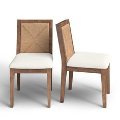 two wooden chairs with white upholstered seats and backrests, side by side