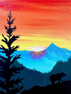 an acrylic painting of a bear on a hill with trees and mountains in the background