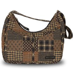 PRICES MAY VARY. COUNTRY AMERICANA PATCHWORK: Ironstone is our timeless palette of chestnut, khaki, dark chocolate, and black quilted cotton fabrics in plaids and stripes in a traditional American patchwork layout. SIZED JUST RIGHT: Not too big and not too small, the Blakely quilted purse measures 11" wide, 9.5” high at the sides (7" in the middle), and 4" deep. It’s the perfect size hobo-style pocketbook to carry everything you need, and the secure top zipper closure keeps your belongings safe Fabric Purses, Quilted Purses, Hobo Shoulder Bag, Americana Fashion, Lightweight Quilt, Hobo Style, Stylish Shoulder Bag, Croquettes, Black Quilt