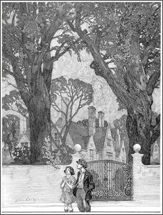 an old black and white drawing of two people walking in front of a gate with trees